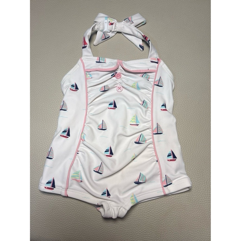 Baby girl size 3-6 months Janie and Jack sailboat print halter swimsuit EUC